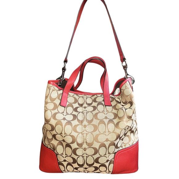 Coach Hadley Signature Tan & Red Leather Duffle Bag F289181 Authenticated - Picture 4 of 13